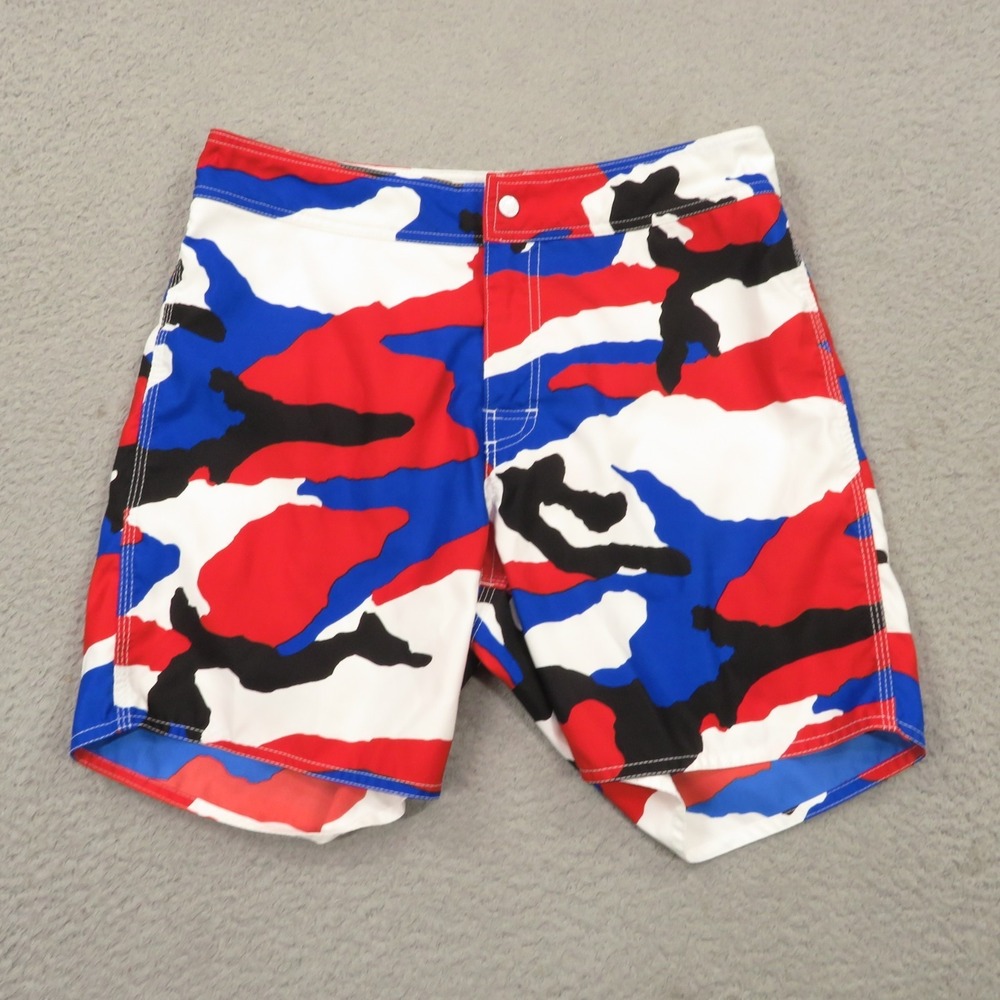 Stussy Mens Camo Swim Trunks 32 Blue Red White Board Shorts 6in Inseam